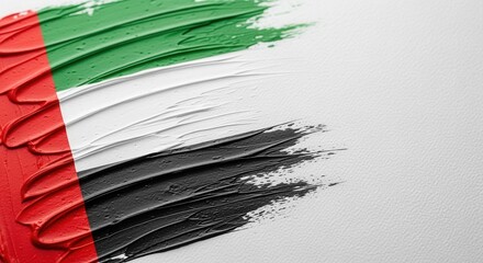Painted flag of the United Arab Emirates with textured brushstrokes. Artistic background for UAE National Day. Abstract patriotic symbol with copy space