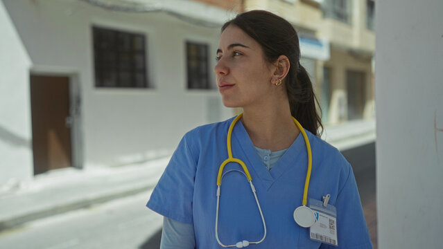 Young hispanic woman doctor in blue uniform crosses arms while holding yellow stethoscope in sunlit street; rejection.