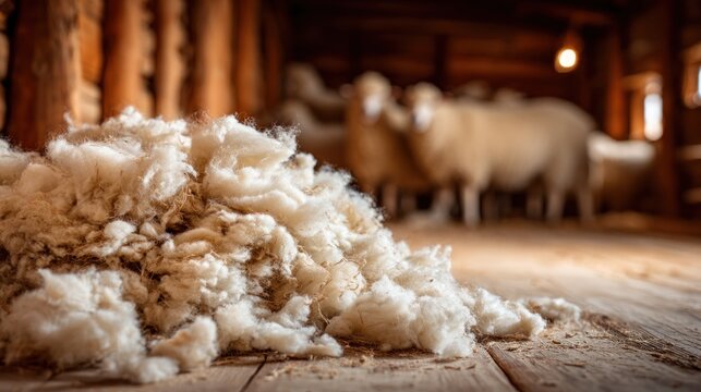 Freshly sheared sheep wool piled on rustic wooden floor illustrating natural fiber production livestock farming
