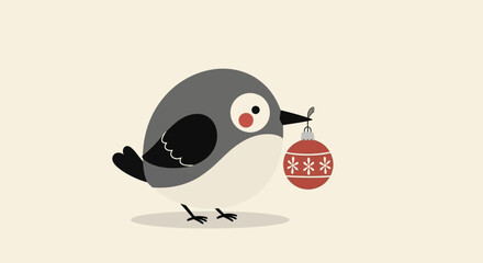 A cute cartoon bird with gray feathers, holding a red Christmas ornament with white snowflakes.