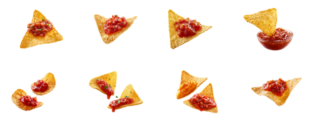 Crispy corn chips with salsa sauce set isolated.