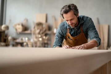 Skilled male craftsperson assembling wooden cabinet displaying hands-on craftsmanship custom furniture production