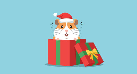 A cute hamster wearing a Santa hat, peeking out of a red gift box, with a smaller present.