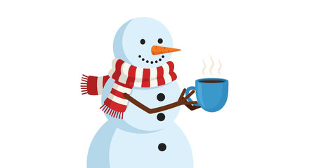 A cheerful snowman wearing a red and white striped scarf holds a steaming blue mug of a hot drink.