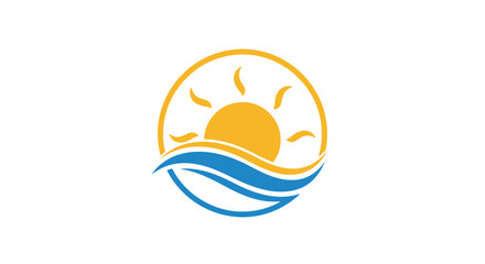 A vibrant circular logo featuring a stylized sun rising over blue ocean waves, symbolizing a bright and positive start.