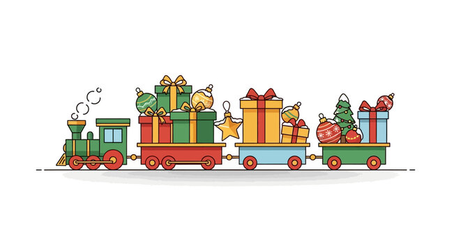 A charming cartoon Christmas train carrying festive gifts and ornaments, ready for holiday delivery.