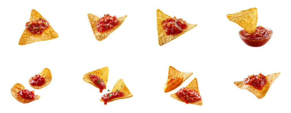 Crispy corn chips with salsa sauce set isolated.