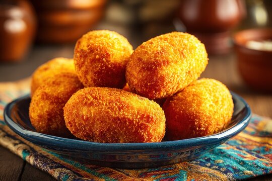 Golden Spanish croquetas de puchero with crispy exterior arranged on decorative plate traditional cuisine