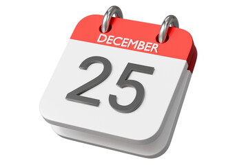 3d december 25 calendar icon. christmas holiday concept. Minimal cartoon xmas date planner schedule for holiday sale banner. isolated on white background. 3d render.