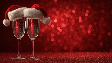 Two champagne glasses with festive red and white Santa hats on top against glittery red bokeh background