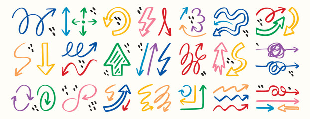 Doodle arrows set, direction pointers, hand drawn, curved, straight, twisted, colorful graphic brush stroke, trendy isolated vector
