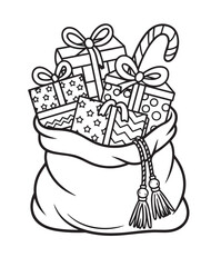Black outline depicts a bag overflowing with gifts and a candy cane isolated