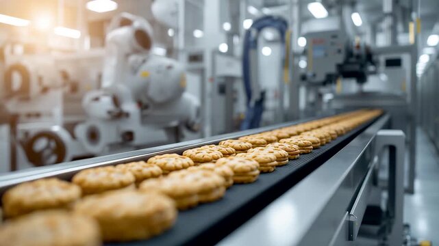 Automated food factory with robotic arms producing cookies on conveyor belt showing modern industrial baking and mass production process