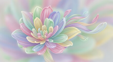 A radiant abstract flower with layered pastel petals in pink, blue, green, yellow, and purple flows outward in soft curves, creating a dreamy, fluid, and ethereal digital composition