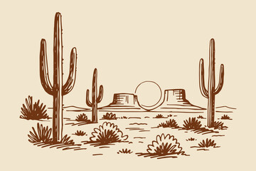 Desert with cacti and mesas, naive sketch vector illustration © Victoria
