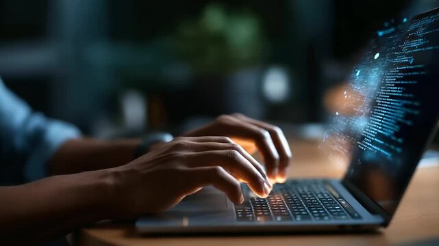 AI developer hands typing on laptop with virtual command prompt interface hologram working on generative technologies and content creation on dark background. generative