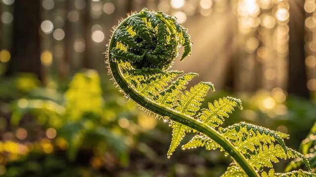Close up of a vibrant green fern frond unfurling in a sunlit forest.