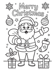 Santa Claus waves while holding sack near gifts with snowflakes for Christmas coloring book
