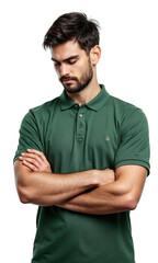 Obraz premium Man Green Poloshirt. A young Caucasian man with short dark hair and a beard, wearing a green polo shirt, looks