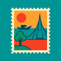 Travel postage stamp with tiger, palm, Mosque, and pyramid at sunset with historic fort landscape, Landmark spire by river