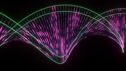 Dynamic abstract background featuring a swirling helix of glowing pink and blue digital lines and data, outlined by vibrant green paths on a dark backdrop. Ideal for technology, science. - Powered by Adobe
