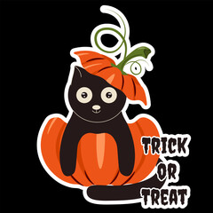 Fun Halloween vector Sticker template design. Vector illustration of cute black cat in pumpkin with trick or treat text isolated background. Perfect social media Halloween sticky Sticker. EPS 10