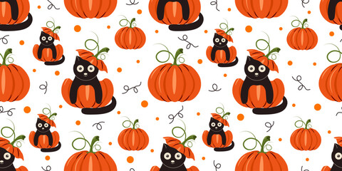 Halloween Wrapping Paper template design. Vector illustration of cute black cat and pumpkin seamless pattern. Perfect Halloween wallpaper Wrap Paper layout. EPS 10