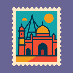 Travel postage stamp with tiger, palm, Mosque, and pyramid at sunset with historic fort landscape, Landmark spire by river