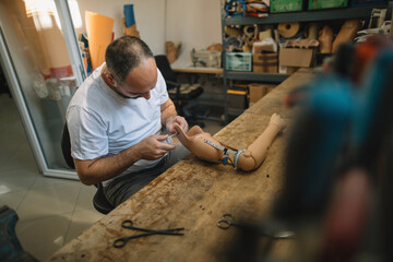 Orthopedic prosthetist assembling a prosthetic arm in workshop