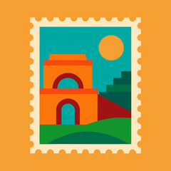 Fototapeta premium Travel postage stamp with tiger, palm, Mosque, and pyramid at sunset with historic fort landscape, Landmark spire by river
