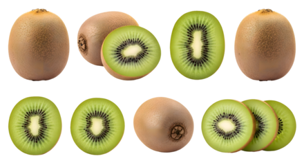 Kiwi Fruit Medley Whole, Halved, and Juicy Slices on White