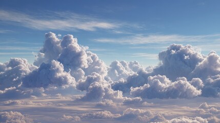 Celestial Clouds: The image shows a picturesque sky filled with fluffy, voluminous clouds, their forms enhanced by light, which is reminiscent of a dreamscape. 