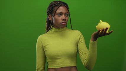 Woman holding yellow piggybank to her ear in green studio, wearing lime turtleneck and braided hair...