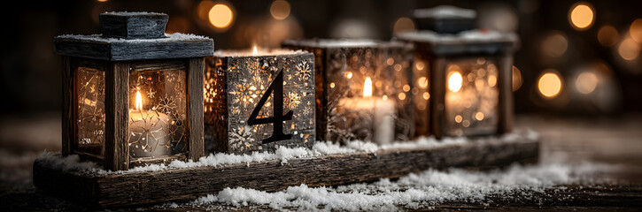 Vierter Advent schnee panorama Kerze mit Zahl dekoriert weihnachten Aventszeit holz hintergrund lichter bokeh / fourth sunday advent
