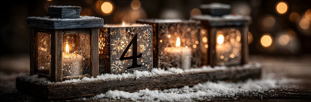 Fototapeta Vierter Advent schnee panorama Kerze mit Zahl dekoriert weihnachten Aventszeit holz hintergrund lichter bokeh / fourth sunday advent