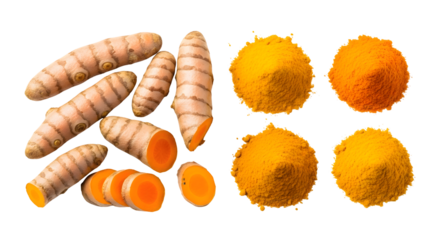 Fresh turmeric roots and vibrant turmeric powder isolated on a white background, showcasing its natural form and finely ground spice for cooking and health