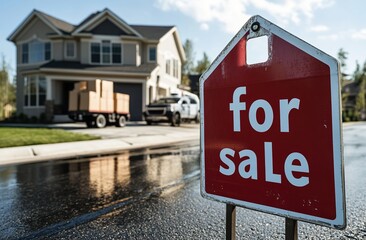 Obraz premium Dream home is for sale in a family friendly community, moving truck is ready to welcome you to your new chapter of life and a fresh start