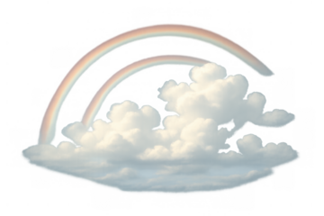 Double rainbow appearing above soft, fluffy clouds, representing themes of hope, magic, dreams, and good weather. Transparent background