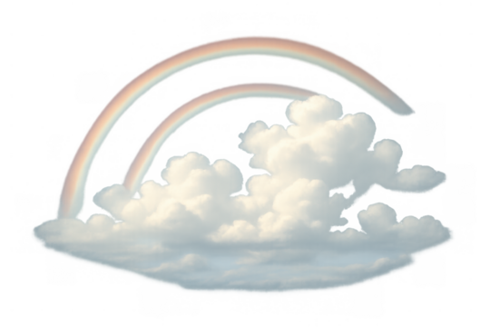 Double rainbow appearing above soft, fluffy clouds, representing themes of hope, magic, dreams, and good weather. Transparent background