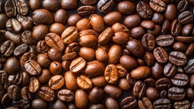 Macro view of roasted coffee beans in various shades of brown and texture