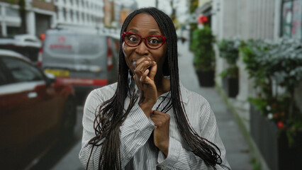 Fototapeta premium Woman with curly hair making a secret gesture outdoors in an urban street setting, expressing secrecy with a playful smile while wearing glasses, showcasing vibrant street life.