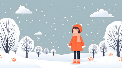 Isolated Cute Girl Illustration in Orange Coat and Scarf Standing in Snowy Winter Landscape with Copy Space