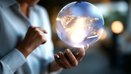 Fintech specialist hands using smartphone for secure online payments with digital interface hologram and world map overlay on dark background. fintech solutions mobile banking - Powered by Adobe