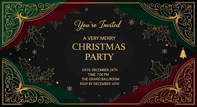 Elegant Christmas party invitation with gold accents, holly, and a festive design on a dark background. - Powered by Adobe