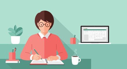 Woman Working At Desk Planner Schedule And Calendar On Laptop Ideal For Design Work