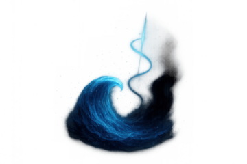 Blue energy wave forming a curving shape with glowing particles and abstract smoke trail on transparent background