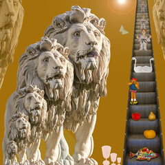 DREAM N°59 – The Lions’ Stairway, surreal vision of statues, symbols and rising light