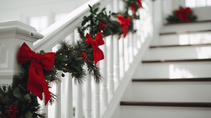 Christmas Staircase Garland with Red Bows and Pine Decor