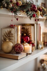 Festive Christmas Mantel with Garland, Ornaments, and Vintage Books