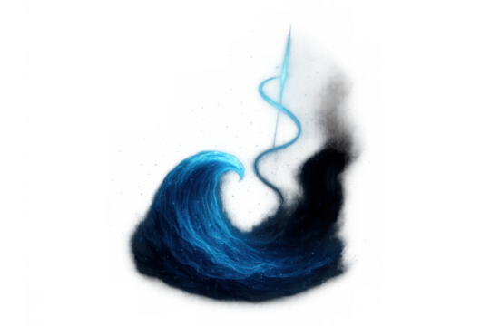 Blue energy wave forming a curving shape with glowing particles and abstract smoke trail on transparent background